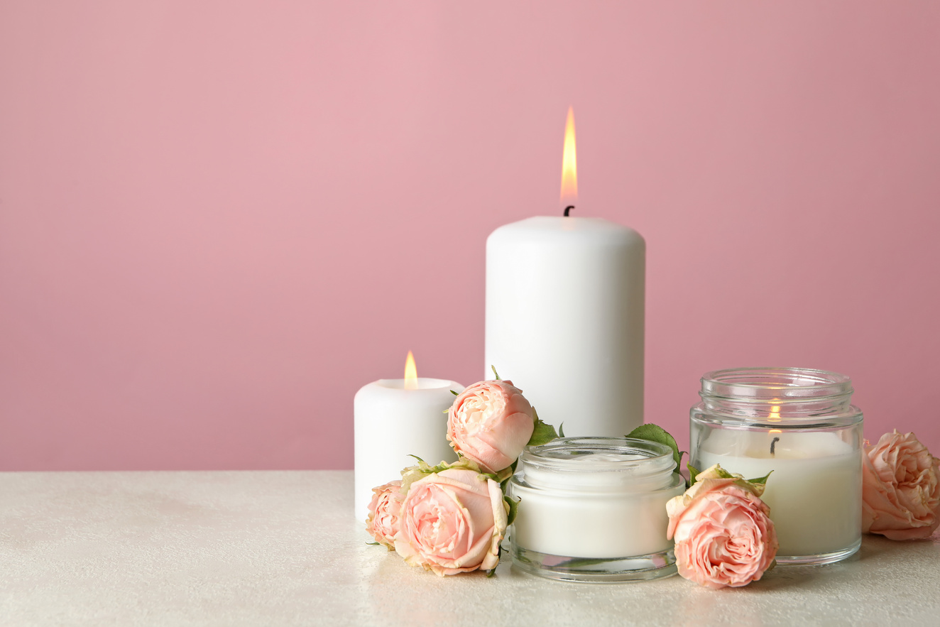 Scented Candles with Roses with Pink Background